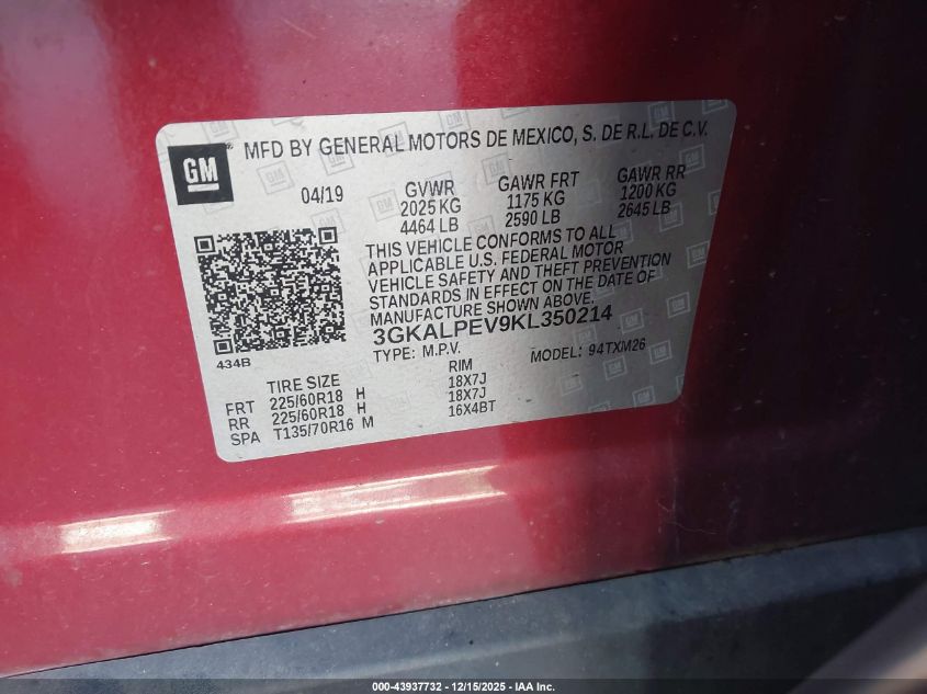 2019 GMC Terrain Slt VIN: 3GKALPEV9KL350214 Lot: 43937732