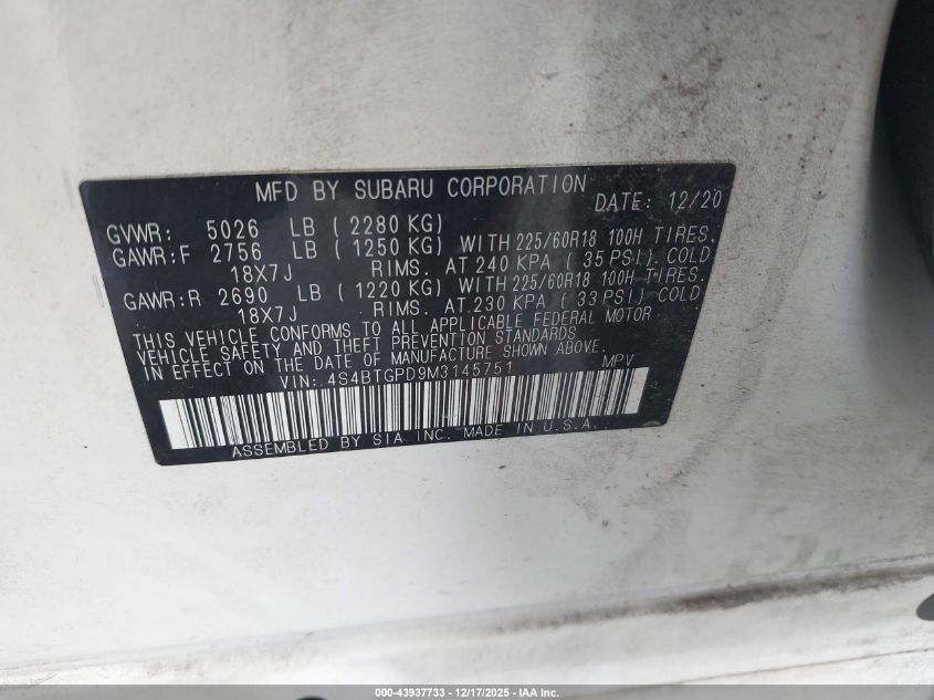 2021 Subaru Outback Touring Xt VIN: 4S4BTGPD9M3145751 Lot: 43937733