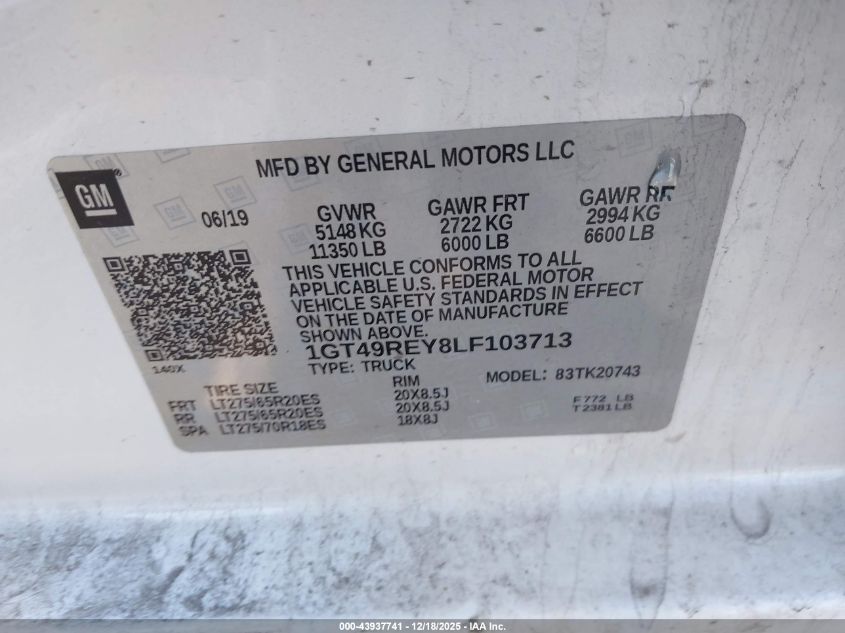 2020 GMC Sierra 2500Hd 4Wd Standard Bed Denali VIN: 1GT49REY8LF103713 Lot: 43937741