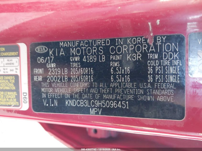 2017 Kia Niro Lx VIN: KNDCB3LC9H5096451 Lot: 43937742