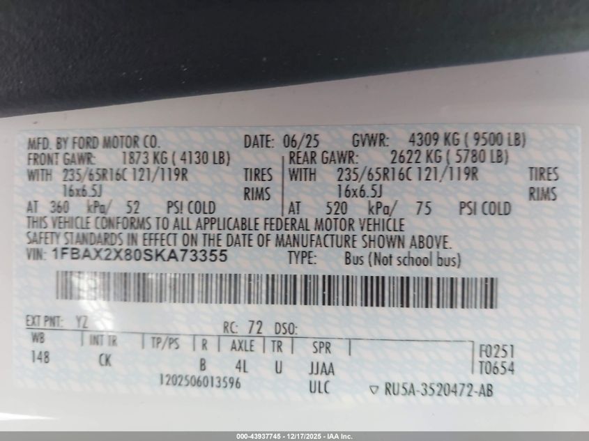 2025 Ford Transit-350 - 1FBAX2X80SKA73355