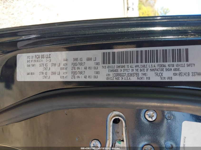 2018 Ram 1500 Slt 4X2 6'4 Box VIN: 1C6RR6GG7JS303793 Lot: 43937747