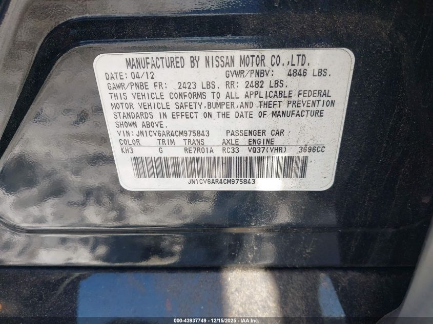 2012 Infiniti G37X VIN: JN1CV6AR4CM975843 Lot: 43937749