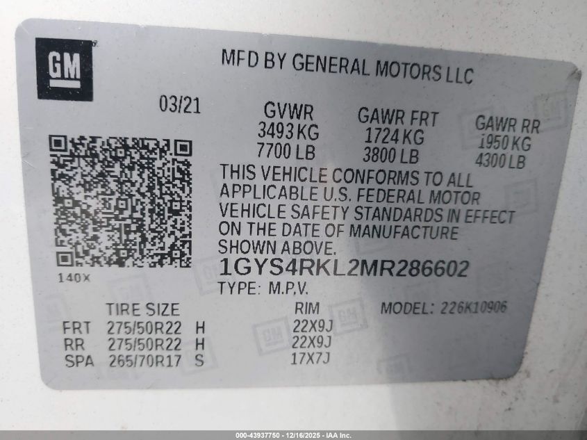 2021 Cadillac Escalade Esv 4Wd Sport Platinum VIN: 1GYS4RKL2MR286602 Lot: 43937750