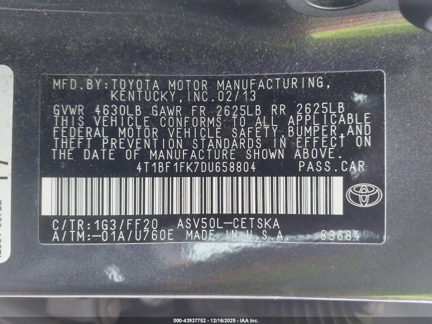 2013 Toyota Camry Se VIN: 4T1BF1FK7DU658804 Lot: 43937752