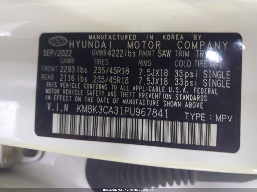 2023 Hyundai Kona N Line VIN: KM8K3CA31PU967841 Lot: 43937754