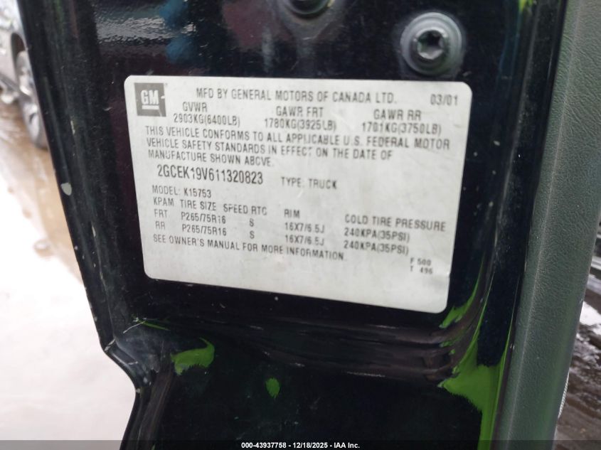 2001 Chevrolet Silverado 1500 Ls VIN: 2GCEK19V611320823 Lot: 43937758
