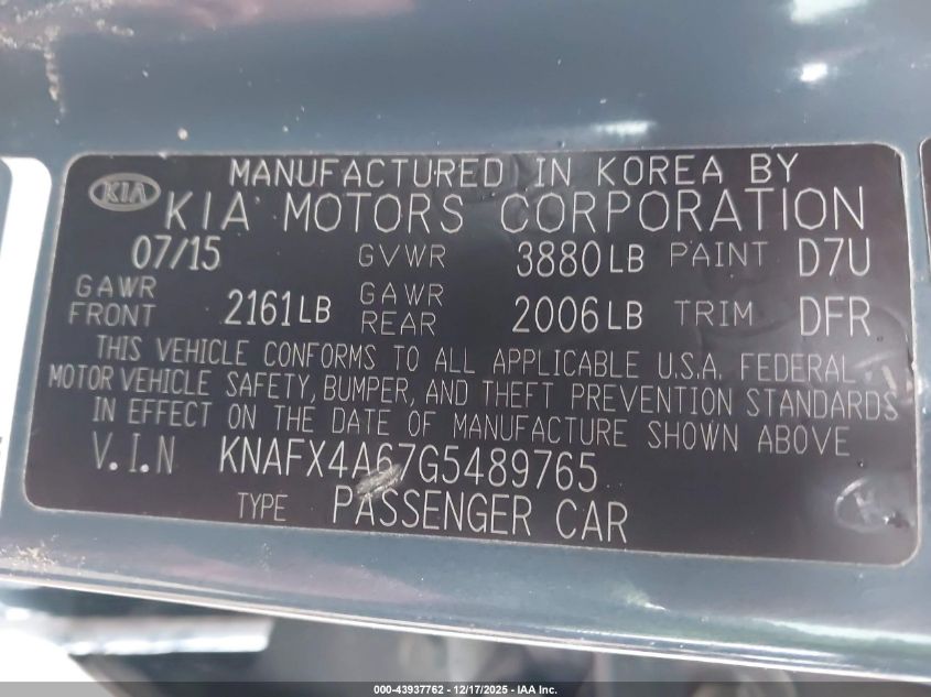 2016 Kia Forte Lx VIN: KNAFX4A67G5489765 Lot: 43937762
