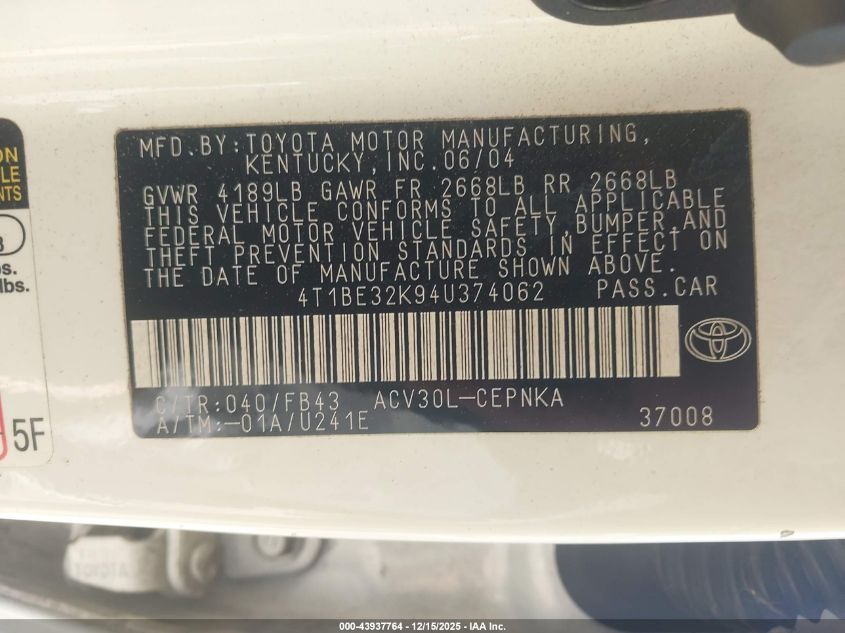 2004 Toyota Camry Le VIN: 4T1BE32K94U374062 Lot: 43937764
