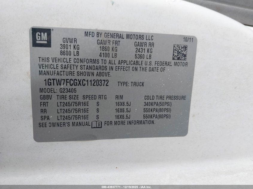 2012 GMC Savana 2500 Work Van VIN: 1GTW7FCGXC1120372 Lot: 43937771