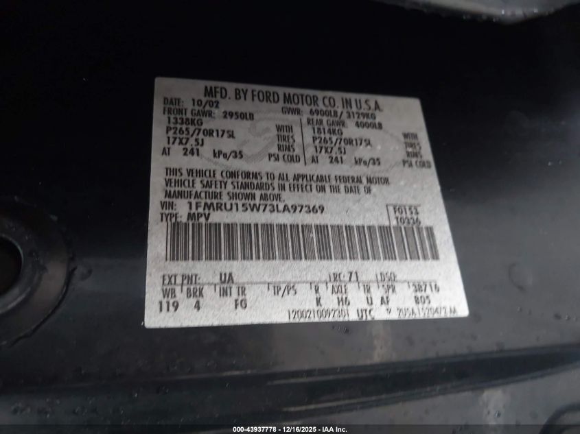 2003 Ford Expedition Xlt VIN: 1FMRU15W73LA97369 Lot: 43937778