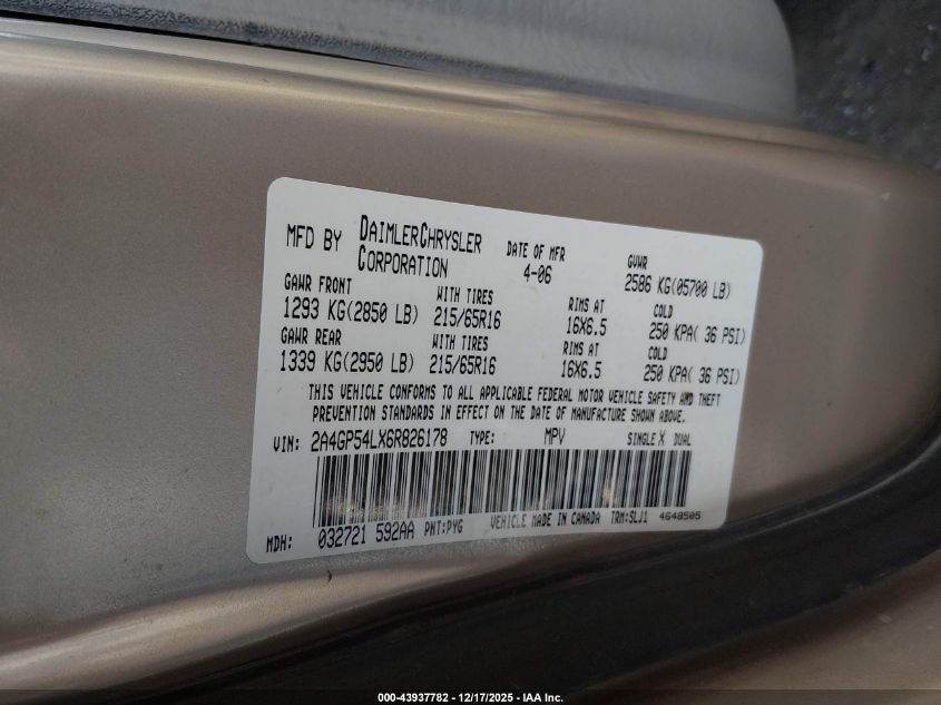 2006 Chrysler Town & Country Touring VIN: 2A4GP54LX6R826178 Lot: 43937782