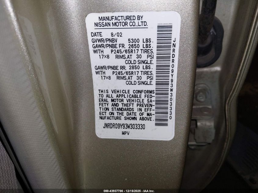 2003 Infiniti Qx4 Luxury VIN: JNRDR09Y93W303330 Lot: 43937786