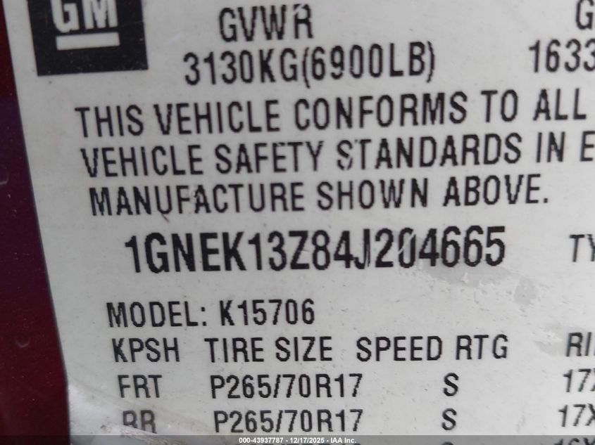 2004 Chevrolet Tahoe Lt VIN: 1GNEK13Z84J204665 Lot: 43937787