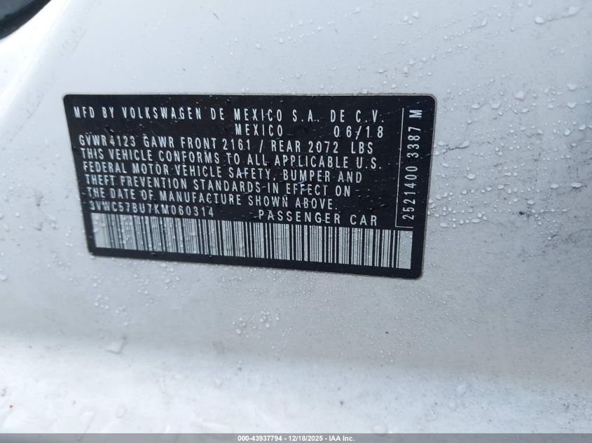 2019 Volkswagen Jetta 1.4T R-Line/1.4T S/1.4T Se VIN: 3VWC57BU7KM060314 Lot: 43937794