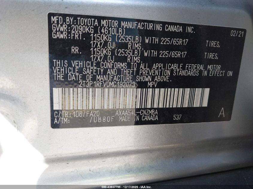 2021 Toyota Rav4 Xle VIN: 2T3P1RFV0MC192073 Lot: 43937795