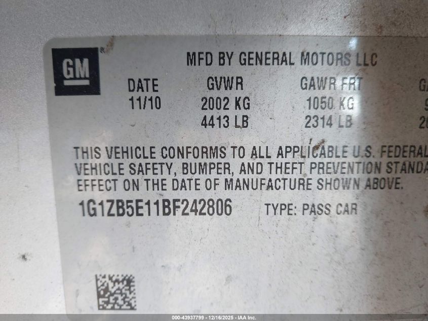 2011 Chevrolet Malibu Ls VIN: 1G1ZB5E11BF242806 Lot: 43937799