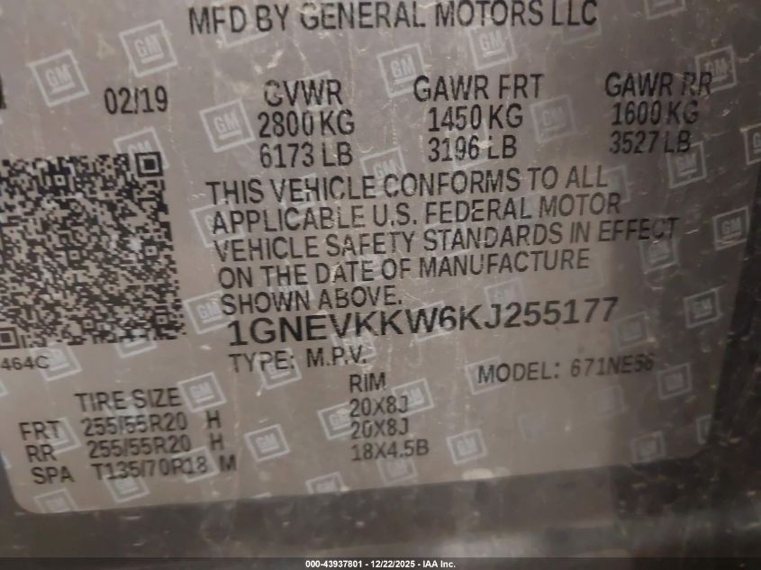 2019 Chevrolet Traverse Premier VIN: 1GNEVKKW6KJ255177 Lot: 43937801