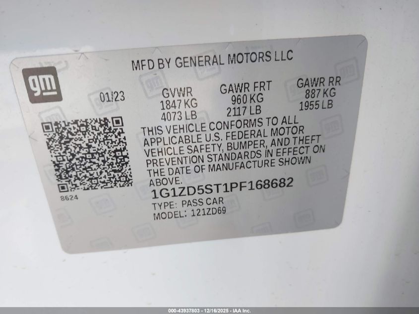 2023 Chevrolet Malibu Fwd 1Lt VIN: 1G1ZD5ST1PF168682 Lot: 43937803