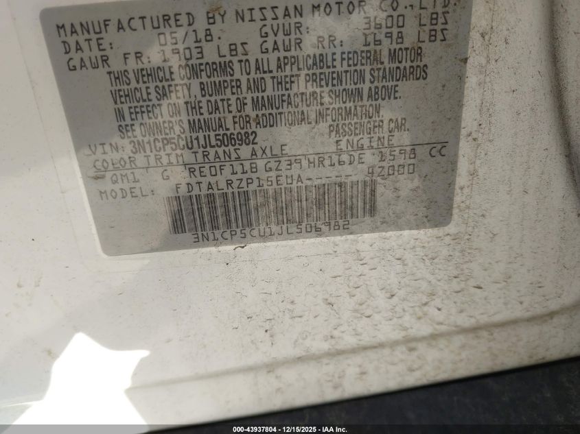 2018 Nissan Kicks S VIN: 3N1CP5CU1JL506982 Lot: 43937804