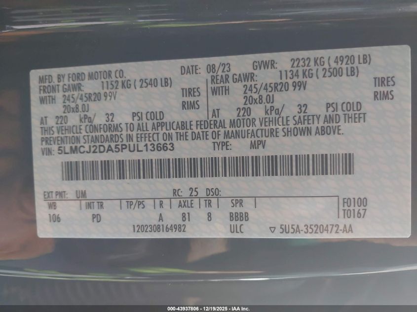 2023 Lincoln Corsair Reserve VIN: 5LMCJ2DA5PUL13663 Lot: 43937806