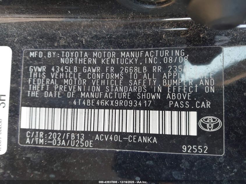 2009 Toyota Camry Le VIN: 4T4BE46KX9R093417 Lot: 43937808