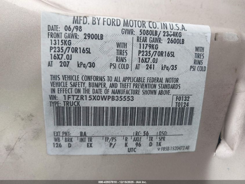 1998 Ford Ranger Splash/Xl/Xlt VIN: 1FTZR15X0WPB35553 Lot: 43937810