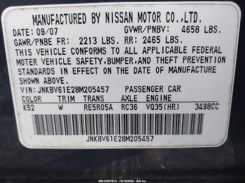 2008 Infiniti G35 Journey VIN: JNKBV61E28M205457 Lot: 43937813