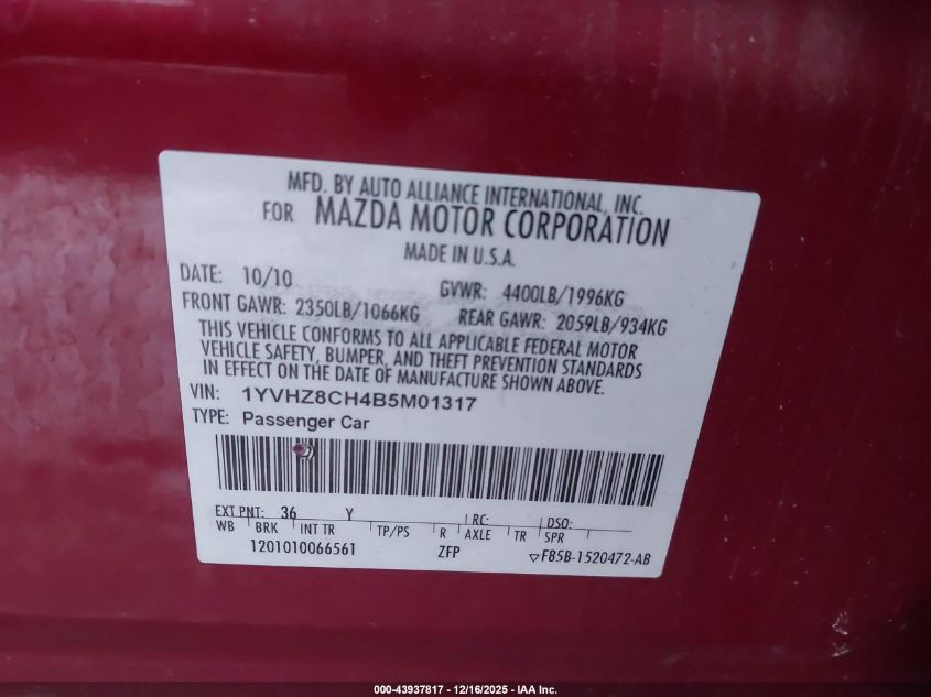 2011 Mazda Mazda6 I Touring VIN: 1YVHZ8CH4B5M01317 Lot: 43937817