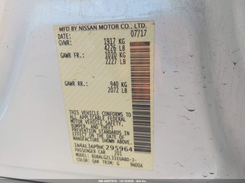 2017 Nissan Altima 2.5 S VIN: 1N4AL3AP9HC295964 Lot: 43937818
