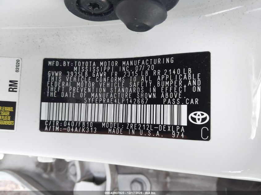 2020 Toyota Corolla Le VIN: 5YFEPRAE4LP142667 Lot: 43937823