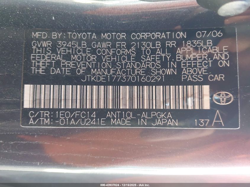 2007 Scion Tc VIN: JTKDE177370160291 Lot: 43937824