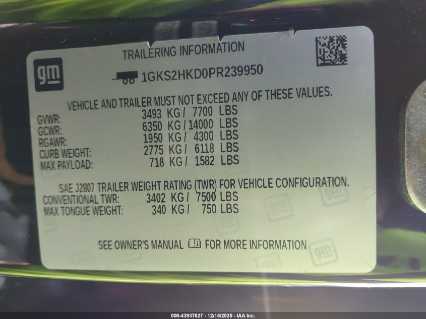 2023 GMC Yukon Xl 4Wd At4 VIN: 1GKS2HKD0PR239950 Lot: 43937827