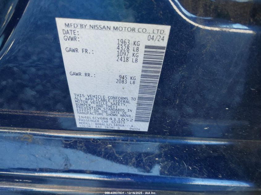 2024 Nissan Altima Sr Fwd VIN: 1N4BL4CV6RN411052 Lot: 43937831