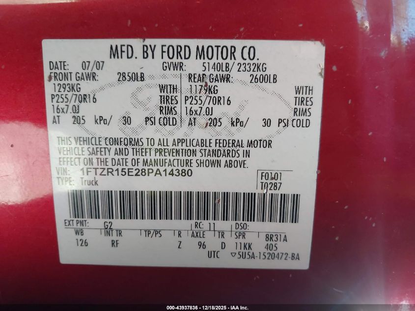 2008 Ford Ranger Fx4 Off-Road/Sport/Xl/Xlt VIN: 1FTZR15E28PA14380 Lot: 43937836