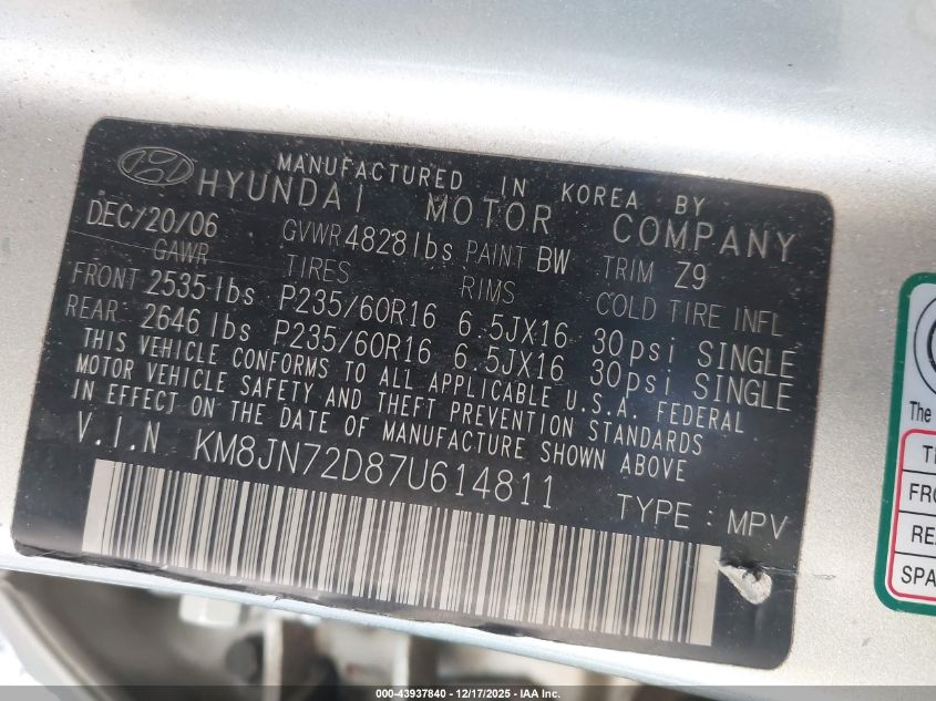 2007 Hyundai Tucson Limited/Se VIN: KM8JN72D87U614811 Lot: 43937840