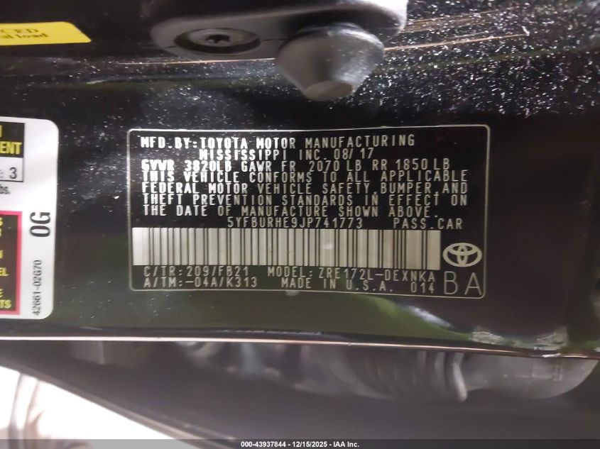 2018 Toyota Corolla Le VIN: 5YFBURHE9JP741773 Lot: 43937844