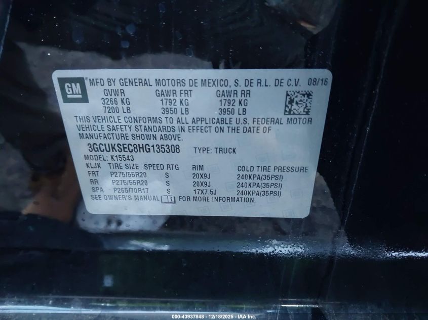2017 Chevrolet Silverado 1500 1Lz VIN: 3GCUKSEC8HG135308 Lot: 43937848