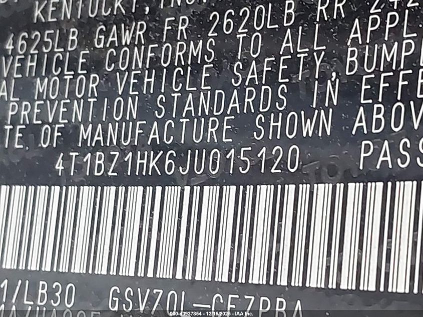 2018 Toyota Camry Xse V6 VIN: 4T1BZ1HK6JU015120 Lot: 43937854