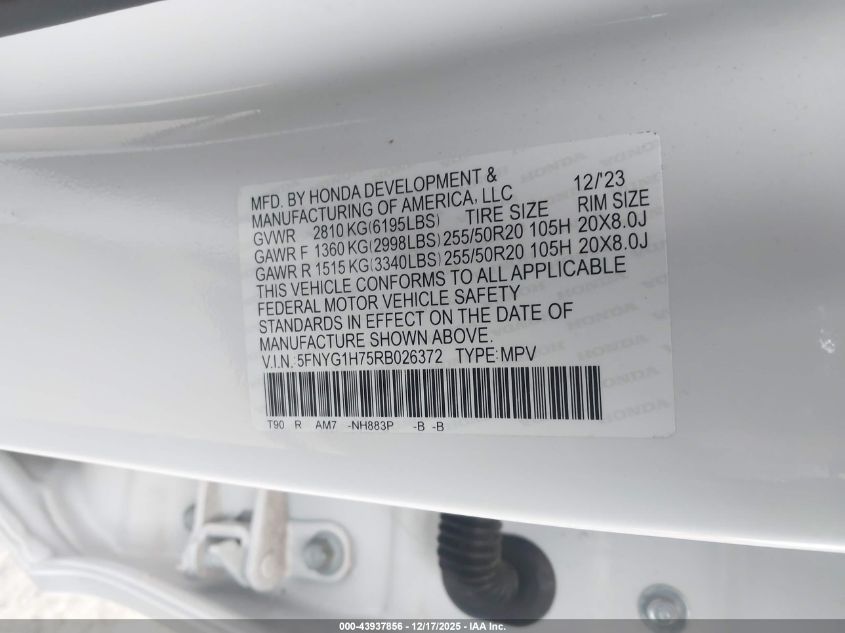 2024 Honda Pilot Touring VIN: 5FNYG1H75RB026372 Lot: 43937856