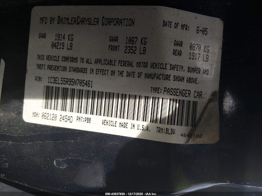 2005 Chrysler Sebring Touring VIN: 1C3EL55R95N705461 Lot: 43937858