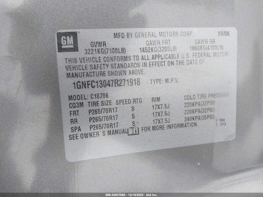 2007 Chevrolet Tahoe Ls VIN: 1GNFC13047R271918 Lot: 43937860