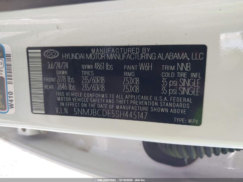 2025 Hyundai Tucson Sel VIN: 5NMJBCDE5SH445147 Lot: 43937863