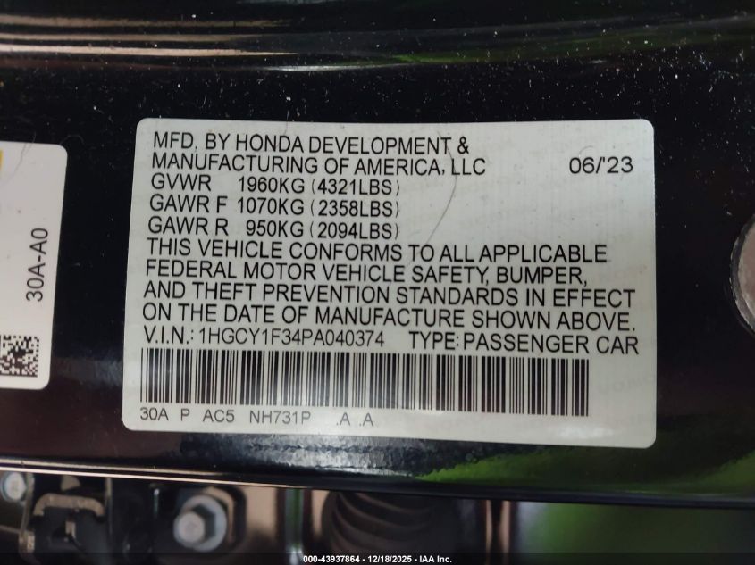 2023 Honda Accord Ex VIN: 1HGCY1F34PA040374 Lot: 43937864
