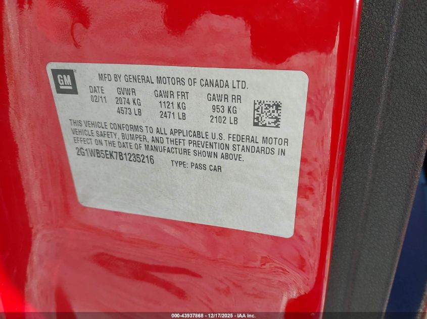 2011 Chevrolet Impala Lt VIN: 2G1WB5EK7B1235216 Lot: 43937868