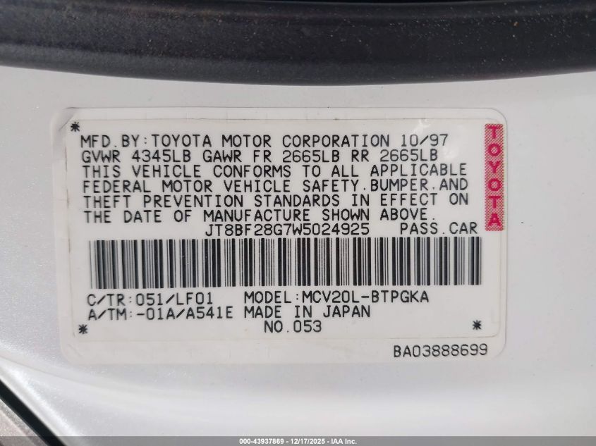 1998 Lexus Es 300 VIN: JT8BF28G7W5024925 Lot: 43937869