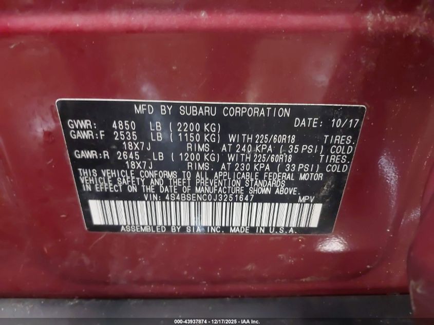 2018 Subaru Outback 3.6R Limited VIN: 4S4BSENC0J3251647 Lot: 43937874