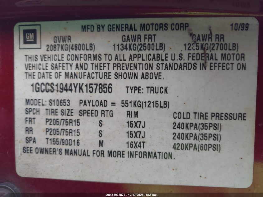 2000 Chevrolet S-10 Ls VIN: 1GCCS1944YK157856 Lot: 43937877