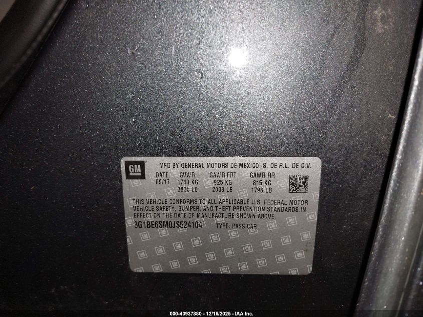 2018 Chevrolet Cruze Lt Auto VIN: 3G1BE6SM0JS524104 Lot: 43937880