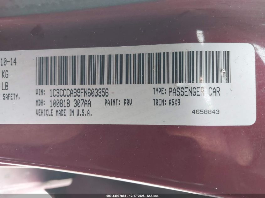 2015 Chrysler 200 Limited VIN: 1C3CCCAB9FN603356 Lot: 43937881